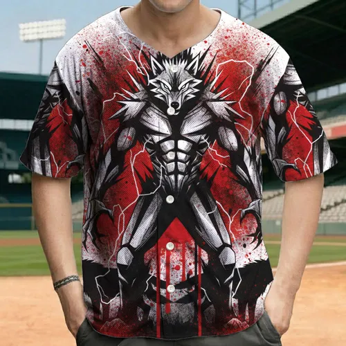 Spiky Geometric Wolf Humanoid, Blood Splatter & Lightning - Wolf Lover Gift Baseball Jersey