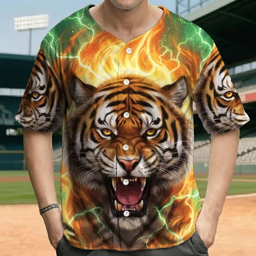 Piercing Amber Eye Roaring Tiger Head Flames Green Lightning - Wildlife Lover Gift Baseball Jersey