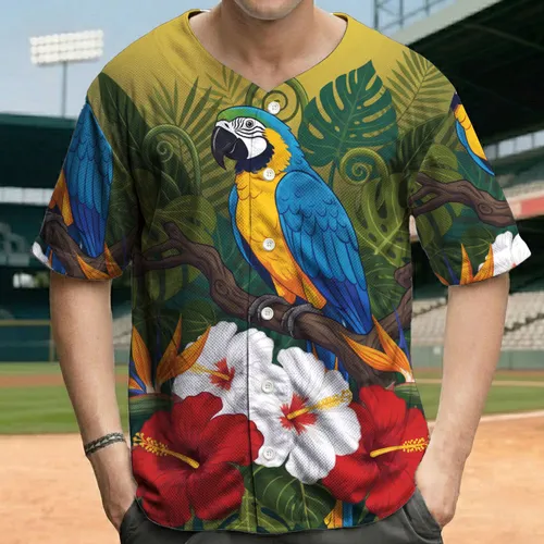 Macaw Parrot Hibiscus Flowers Tropical Jungle - Wildlife Lover Gift Baseball Jersey