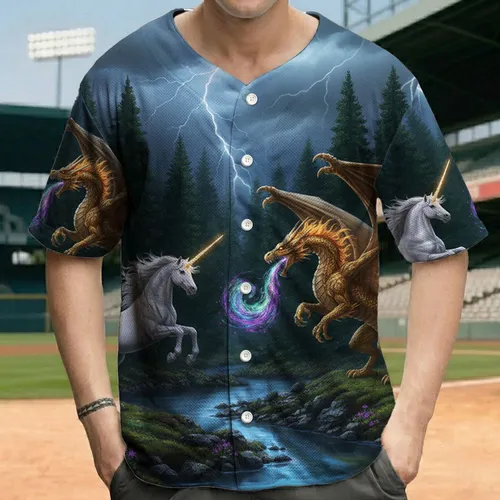 White Unicorn Golden Dragon Stormy Fantasy Battle - Mythical Creatures Enthusiast Gift Baseball Jersey
