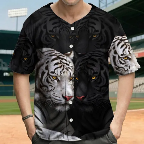 Majestic White Black Tigers Nose-to-Nose Paws Intertwined - Wildlife Lover Gift Baseball Jersey
