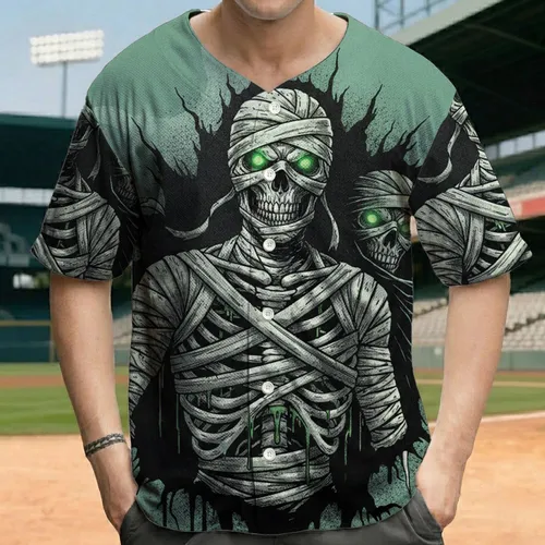 Menacing Undead Mummy Skeletal Glowing Eyes Tattered Bandages Ripped Void - Halloween Party Gift Baseball Jersey