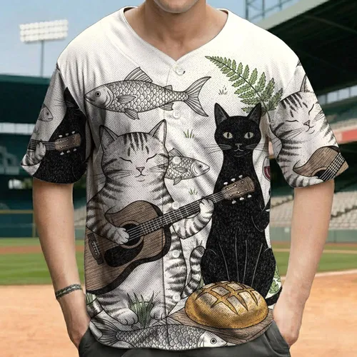 Striped Cat Guitar Black Cat Wine Picnic Fish Watermelon - Cat Music Lover Gift Baseball Jersey
