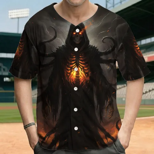 Ominous Skeletal Grim Reaper Glowing Eyes Internal Inferno Robes - Halloween Party Costume Baseball Jersey