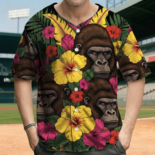 Gorillas Hibiscus Tropical Jungle Foliage - Wildlife Lover Gift for Gorilla Lover Baseball Jersey