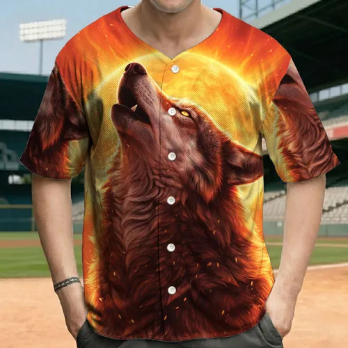 Wolf Howling Flames Sparks Sun Orb - Wildlife Lover Gift for Wolf Lovers Baseball Jersey