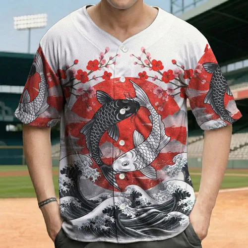 Intertwined Koi Fish Yin Yang Red Sun Cherry Blossom - Oriental Theme Gift Baseball Jersey