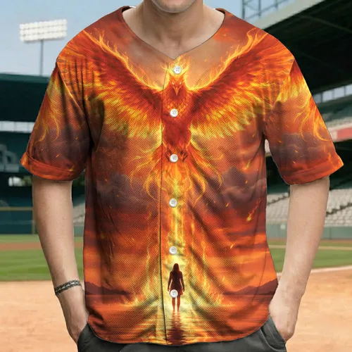 Majestic Fiery Phoenix Human Figure Turbulent Sky Reflective Water - Mythology Lover Gift Baseball Jersey