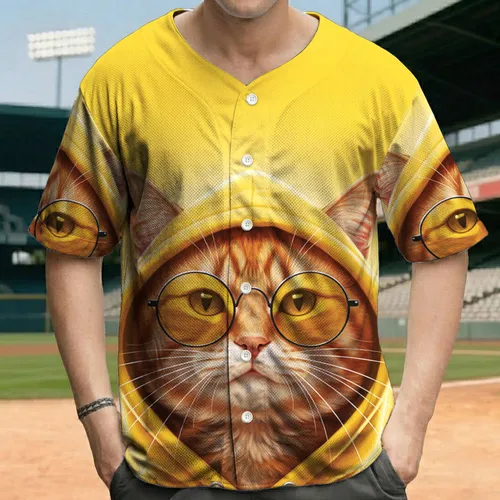 Detailed Fur Ginger Cat Yellow Hoodie Sunglasses Yellow Background - Cat Lover Gift Baseball Jersey