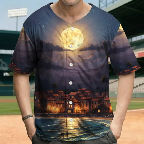 Moonlit Coastal Scene Palm Trees Mediterranean Shore Buildings - Coastal Travel Gift Baseball Jersey
