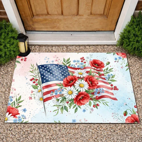 American Flag Poppies Daisies Forget-Me-Nots - Independence Day Gift for Veterans Doormat