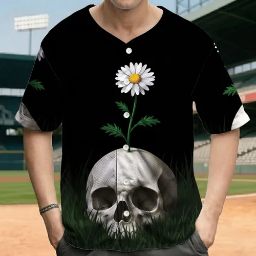 Detailed Human Skull Flowering Daisy Blossom Lush Green Grass Field - Garden Gift Baseball Jersey