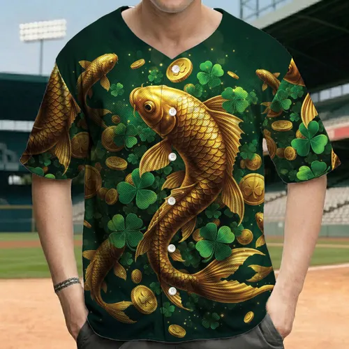 Golden Koi Fish Four-Leaf Clover Coins - Good Fortune Prosperity Gift Baseball Jersey