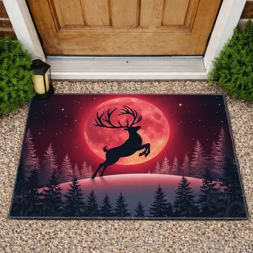Reindeer Antlers Crimson Moon Snow Hill Pine Trees Stars - Winter Holiday Home Decor Gift Doormat