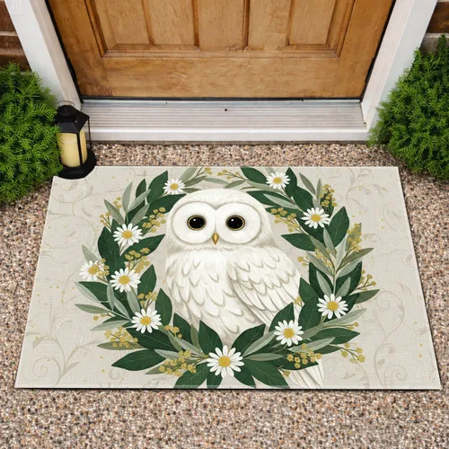 Fluffy White Owl Wreath Daisy Olive Branch - Home Decor Gift for Wildlife Lover Doormat