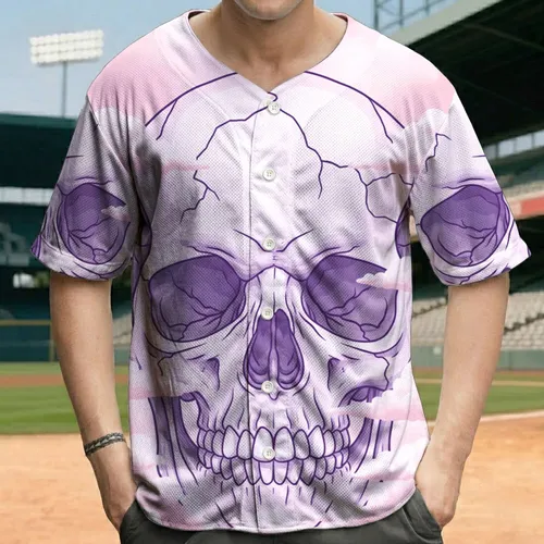 Fractured Marble Texture Skull in Billowing Cumulus Clouds - Distinctive Visual Wear Baseball Jersey