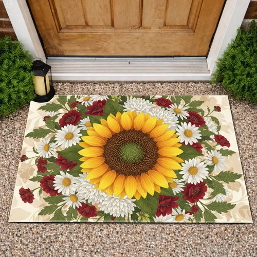 Sunflower White Daisy Burgundy Flowers Green Foliage - Home Decor Gift for Garden Lover Doormat