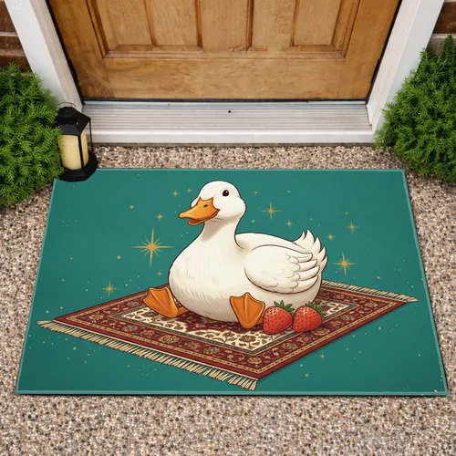 Plump White Duck Strawberries Persian Rug - Home Welcome Decor Gift for Bird Lovers Doormat