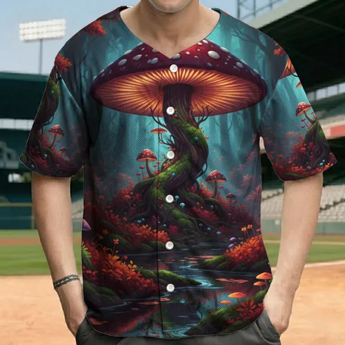 Mushroom Forest Winding River Toadstool Flora Landscape Nature Scene - Hiking Travel Gift Baseball Jersey