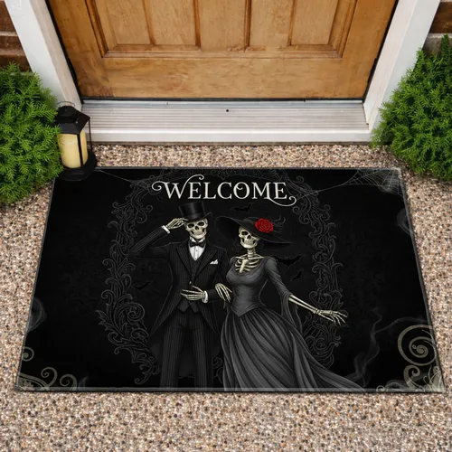 Skeletal Couple Welcome Bats Spider Webs Gothic Home Decor Gift for Goth Lover Doormat