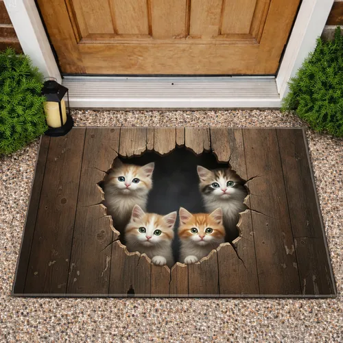 Four Fluffy Kittens Peeking from Distressed Rustic Wood - Home Decor Gift for Kitten Lovers Doormat