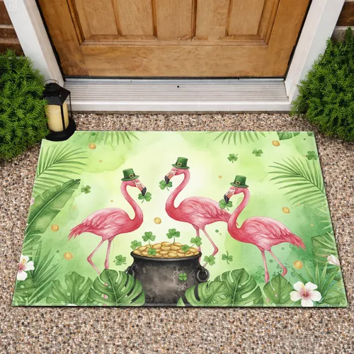 Pink Flamingo Leprechaun Hat Pot of Gold Tropical Shamrocks - St. Patrick's Day Decor Doormat