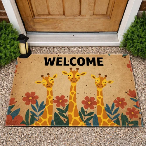 Happy Giraffes Welcome Red Flowers Green Leaves - Home Decor Gift for Animal Lover Doormat