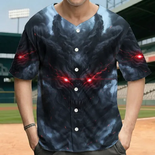 Menacing Shadowy Entity Face with Glowing Red Eyes in Dark Smoke - Horror Fan Gift Baseball Jersey