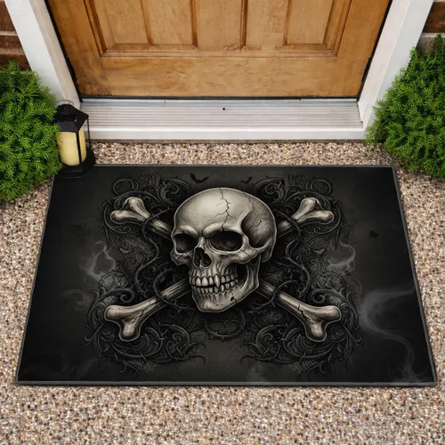 Human Skull Crossbones Gothic Scrolls - Home Decor Gift for Horror Fan Doormat