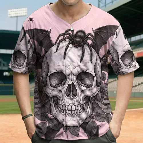 Detailed Gothic Skull Black Spider Dark Roses Bats Spiderwebs - Halloween Party Gift Baseball Jersey