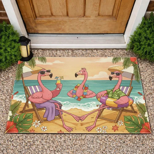 Three Pink Flamingos Tropical Beach Scene - Home Decor Gift for Flamingo Lover Doormat