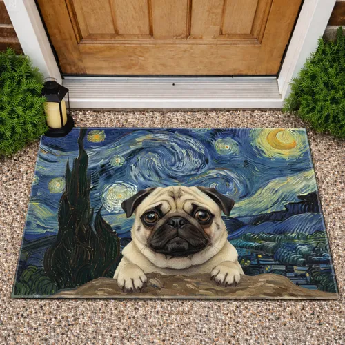 Pug Peeking Rugged Landscape Starry Night Sky Home Decor Gift for Dog Lovers Doormat