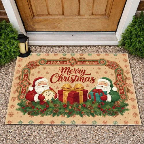 Santa Claus Gift Box Merry Christmas Winter Border - Christmas Holiday Decor Doormat
