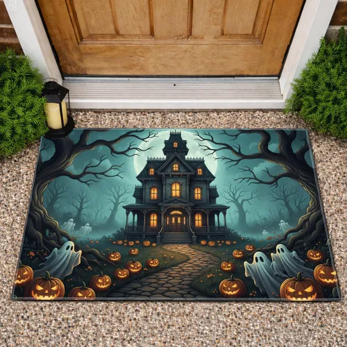 Grand Victorian Haunted Mansion Jack-o'-lanterns Ghosts Full Moon - Halloween Home Decor Gift Doormat