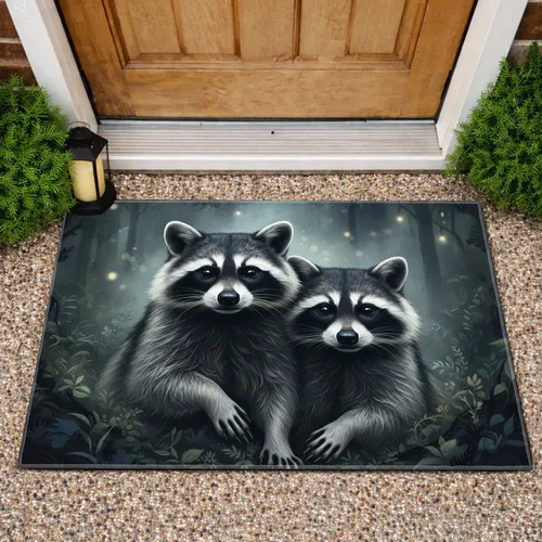 Two Raccoons Misty Woodland Deep Dark Forest Nocturnal Home Decor Gift Doormat