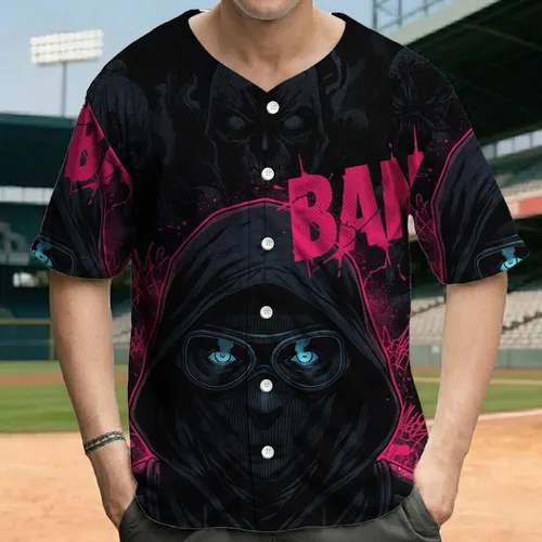 Gritty Comic Balaclava Goggles Figure 'BANG!' Text - Urban Style Gift for Graphic Novel Fan Baseball Jersey