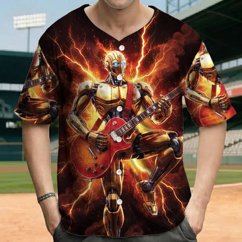 Highly Detailed Metallic Robot Electric Guitar Rockstar - Rock Music Event Gift for Guitar Fans Baseball Jersey