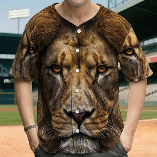 Realistic Male Lion Face Amber Eyes Golden Brown Mane Big Cat Lover Gift Baseball Jersey