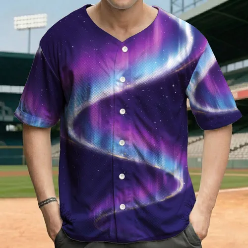 Luminous Swirling Aurora Borealis, Dark Silhouetted Trees over Rolling Landscape - Outdoor Adventure Gift Baseball Jersey