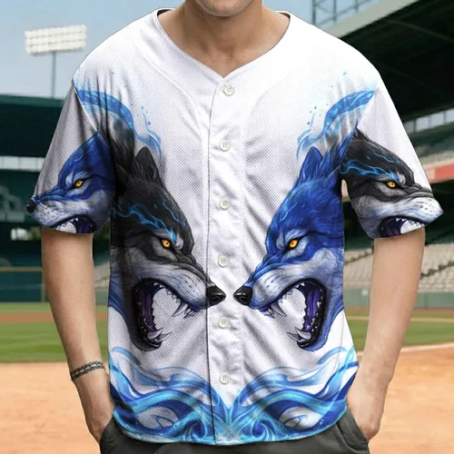 Confrontational Snarling Wolf Heads Glowing Eyes Fangs - Wildlife Lover Gift Baseball Jersey