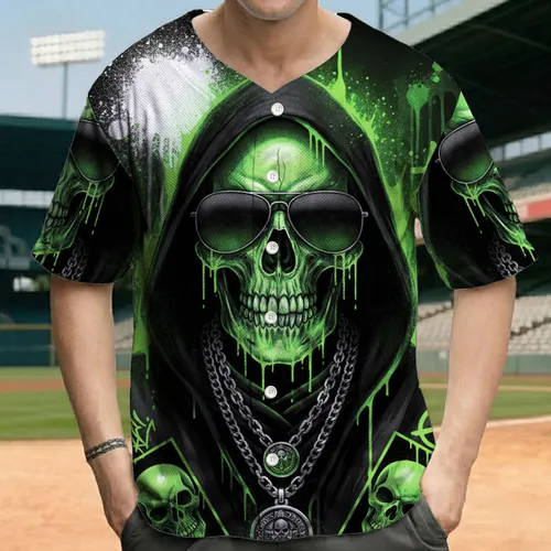 Neon Green Skull Sunglasses Silver Chains Pendants Anarchy Symbols - Skull Lover Gift Baseball Jersey