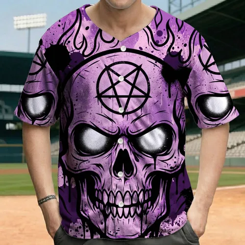Gritty Skull Pentagram Glowing Eyes KID Letters Paint Drips - Dark Aesthetic Gift Baseball Jersey