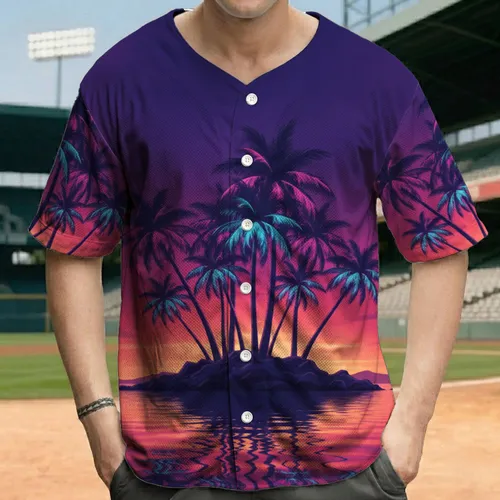 Tropical Sunset Palm Trees Rocky Islets Water Reflections - Summer Vacation Traveler Gift Baseball Jersey