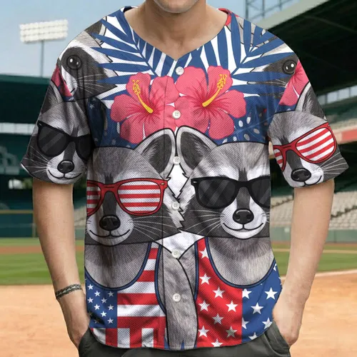Patriotic Raccoons Tropical Hibiscus Independence Day Gift for Veterans Baseball Jersey