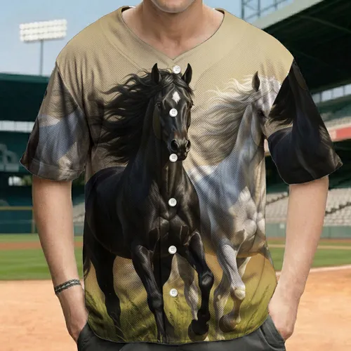 Black White Running Horses Natural Grass Landscape - Wildlife Lover Gift for Horse Enthusiast Baseball Jersey