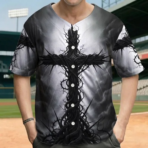 Gnarled Wooden Cross Thorny Roots Jagged Spikes Smoke Light Rays - Everyday Wear Baseball Jersey