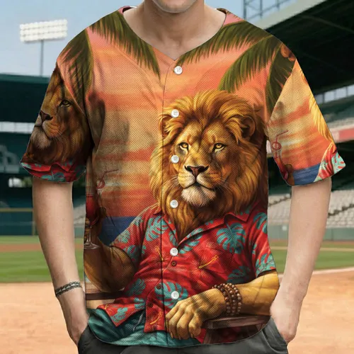 Golden Mane Lion Hawaiian Shirt Tropical Beach Sunset - Vacation Getaway Gift for Traveler Baseball Jersey