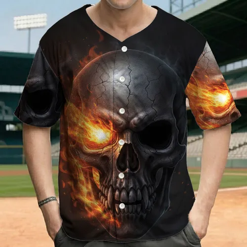 Menacing Intensely Glowing Fire Skull with Cracked Bone - Halloween Party Baseball Jersey