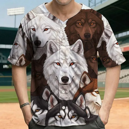 Dynamic Diverse Wolf Husky Faces Cluster with Varied Expressions - Wildlife Lover Gift Baseball Jersey