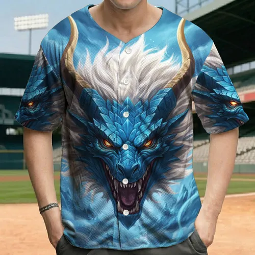 Majestic Blue Dragon Head Golden Horns Frosty Mist - Fantasy Dragon Lover Gift Baseball Jersey